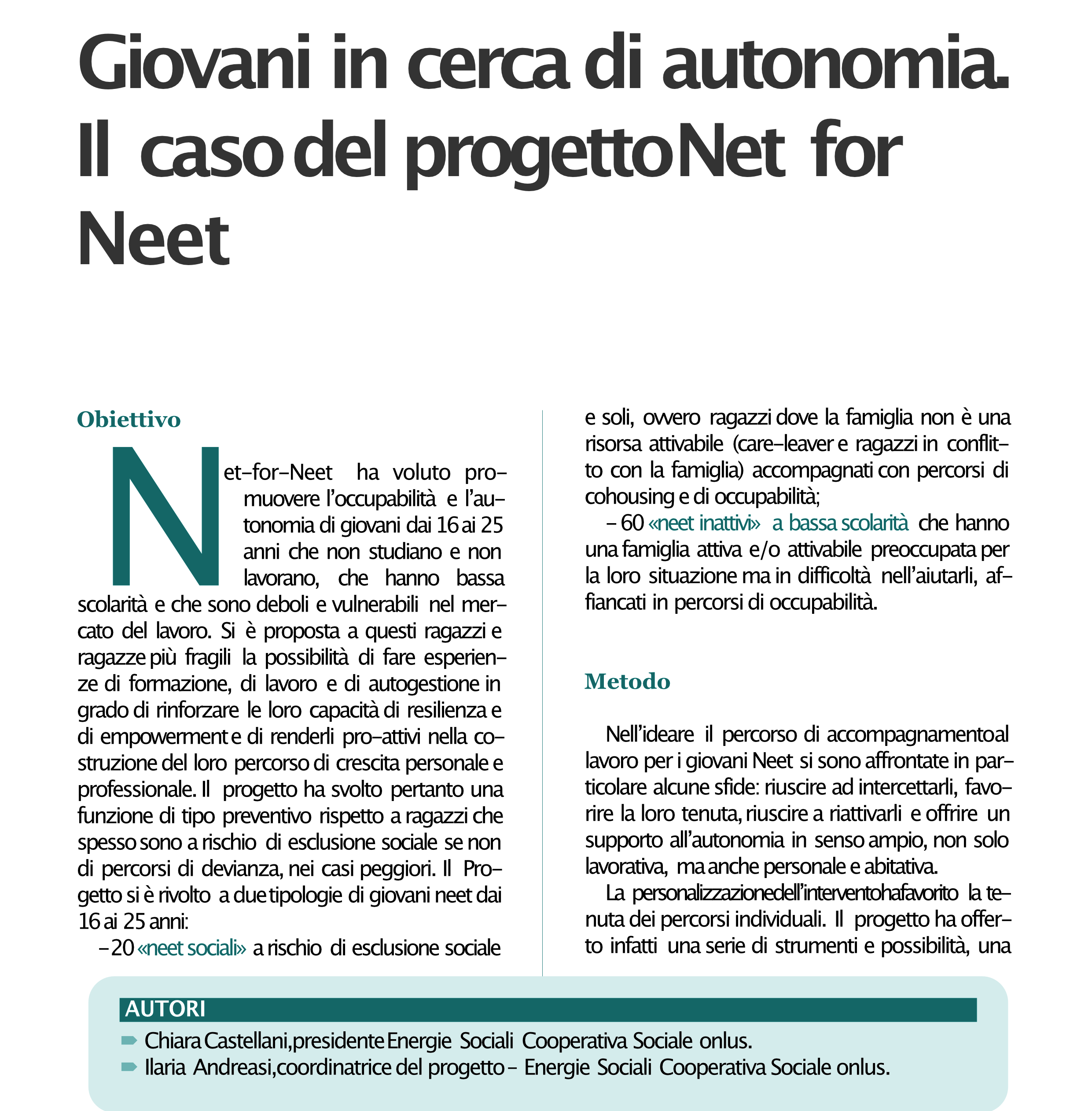 "Giovani in cerca di autonomia: il caso del progetto Net for Neet" un articolo della rivista di Studi Zancan